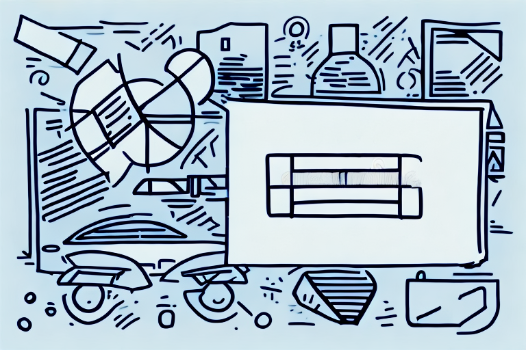 An abstract illustration featuring geometric shapes, lines, and objects like a bottle, knife, and diamond shape surrounds a central rectangular form on a light blue background. The composition subtly hints at the meticulous care of shipping with FedEx, where an adult signature is always required.