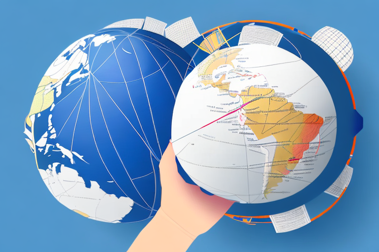 A hand holds a rotating globe split into two hemispheres, illustrating continents in vibrant colors. Surrounding the globes sections are scattered papers and grids, reminiscent of charts used to calculate FedEx international shipping rates against a serene blue background.
