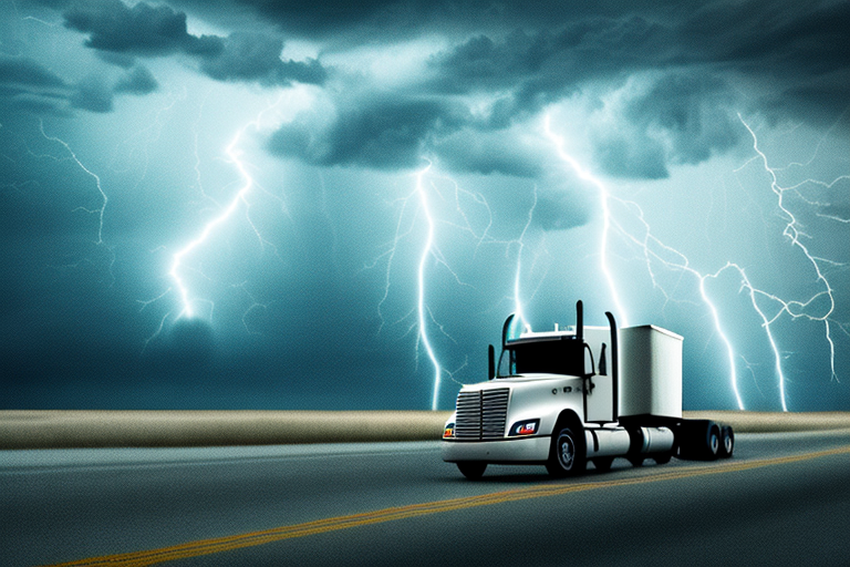 A lone truck drives down a highway under a dark, stormy sky lit up by multiple flashes of lightning. The dramatic scene captures the intensity of the storm with the truck in motion, emphasizing the contrast between nature and technology, hinting at potential weather delays and shipment exceptions.