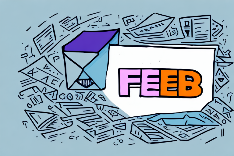Illustration of an unsealed envelope with papers flying around, reminiscent of a FedEx Shipping delivery. The letters FEEB stand prominently on a large card emerging from the envelope. Set against a soft blue background, the papers showcase various symbols and text, hinting at a detailed price list per KG.