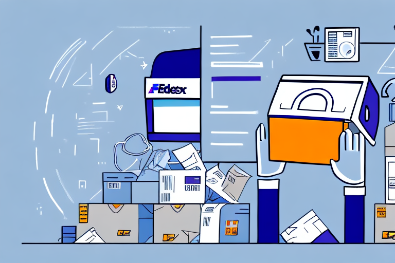 Illustration of a cluttered package delivery area featuring a person lifting a package. Boxes labeled FedEx SmartPost are scattered around. A delivery truck is partially visible in the background. The scene, styled with blue and orange accents, captures the organized chaos of returns in transit.