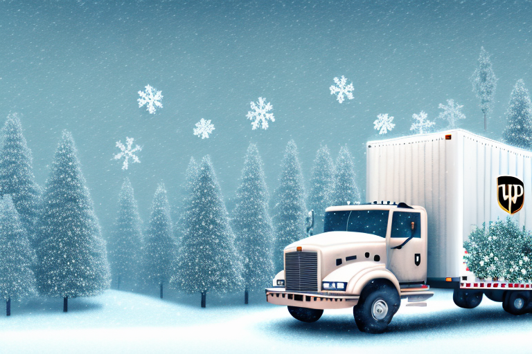 A white delivery truck with a trailer navigates through a snowy landscape, embodying the spirit of the holidays. Snow-covered trees and large snowflakes create a wintery scene, while the trailer displays a decorated Christmas tree, reminiscent of UPS delivery times during this festive season.