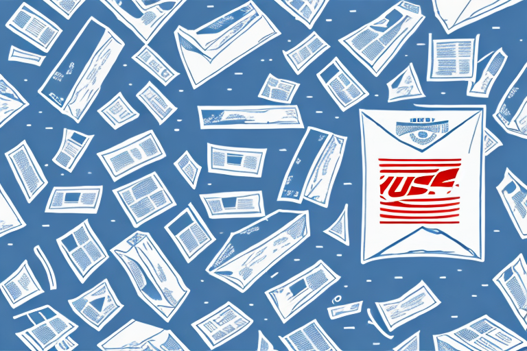 Patterned image featuring various vintage-style envelopes and letters scattered across a blue background. A notable detail includes the prominent diagonal text USE in red on one envelope in the bottom right corner, reminiscent of USPS Media Mail packaging.