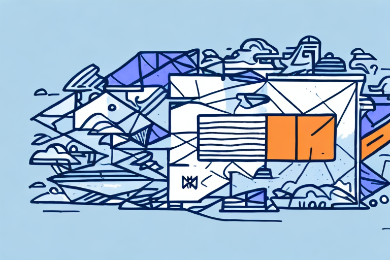 Abstract illustration featuring geometric shapes and lines in blue and orange hues, resembling a modern cityscape. The design, reminiscent of a journey from the USA to the Philippines, includes buildings, clouds, and boats against a light blue background.