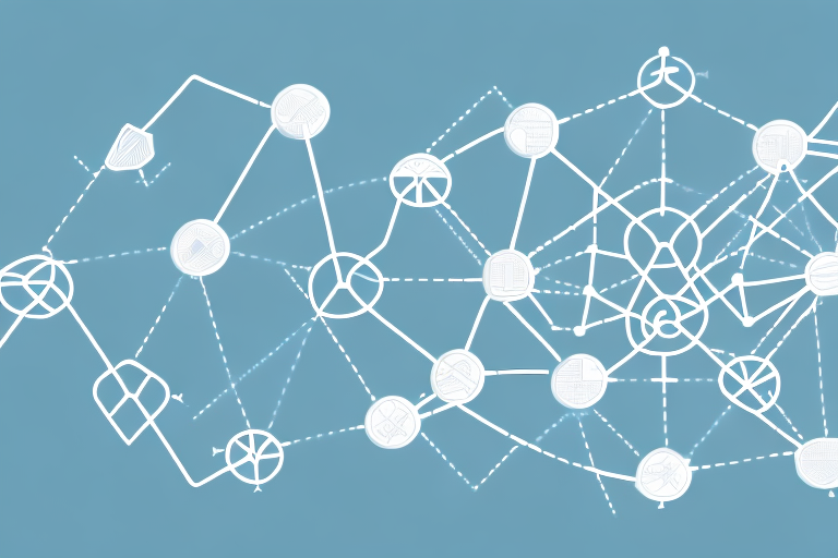 A network diagram on a blue background with interconnected white nodes and lines. Some nodes contain symbols like shields and documents, illustrating supply chain management strategies within the network.