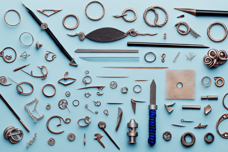 An assortment of metal jewelry-making tools and components, including pliers, wires, rings, and other small intricate pieces arranged on a light blue background, mirrors the precision needed to safely ship perfume with care and attention to detail.