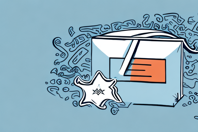A stylized Sendle package with abstract patterns and a star-like shape on a blue background. The box features a red and white design, while wavy lines and shapes surround it, adding a sense of motion and creativity, reminiscent of packages at vibrant drop-off locations.