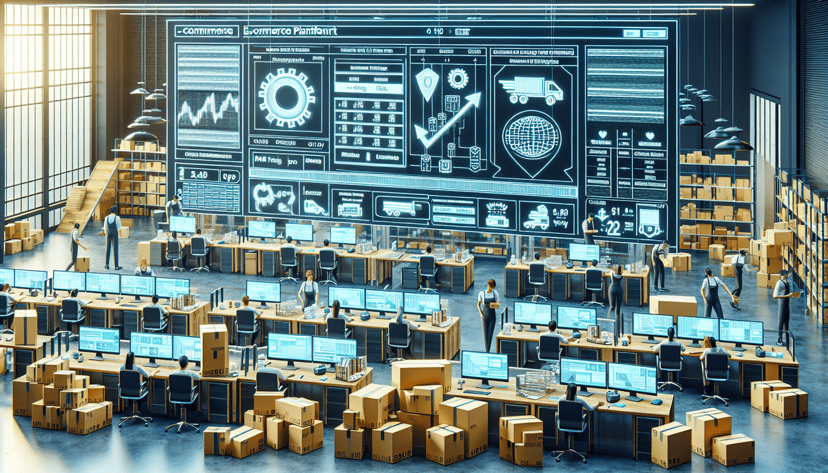 A futuristic warehouse buzzes with activity as employees at desks use computers to manage logistics. Large digital screens display e-commerce data, including Shopify UPS shipping rates. Cardboard boxes are neatly stacked throughout the space, ready for efficient delivery.