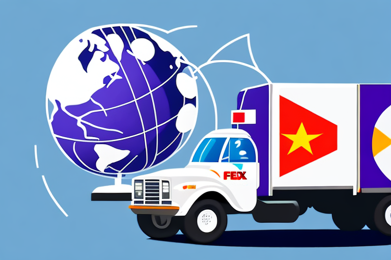 An illustration of a delivery truck labeled FEX driving past a stylized globe, capturing the essence of FedEx International Shipping. The globe, with white continents on a blue background, complements the truck adorned with abstract symbols and flags. The light blue background adds to this global theme.