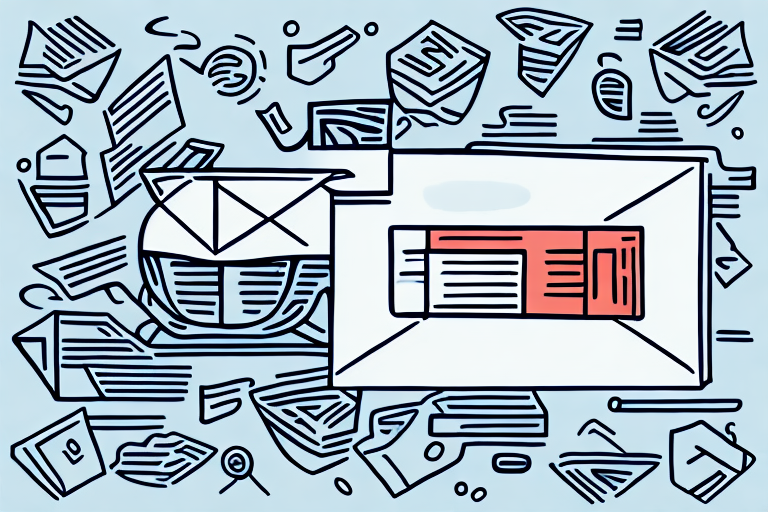 Illustration of various email envelopes and messages in a scattered arrangement. A central envelope, reminiscent of USPS, features a red-highlighted section. The light blue background is adorned with abstract lines and shapes, evoking the dynamic flow of economy shipping communications.