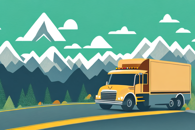 A yellow truck winds through a mountainous road, echoing the journey of UPS deliveries on their precise routes. The sky is blue with scattered clouds, and the scene has a stylized, illustrated appearance.