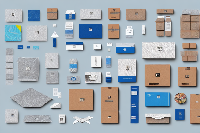 A flat lay display of various shipping boxes and rectangular packages in different sizes, featuring a mix of brown cardboard, blue and gray designs, and white labels on a light blue background, showcasing diverse packaging materials.