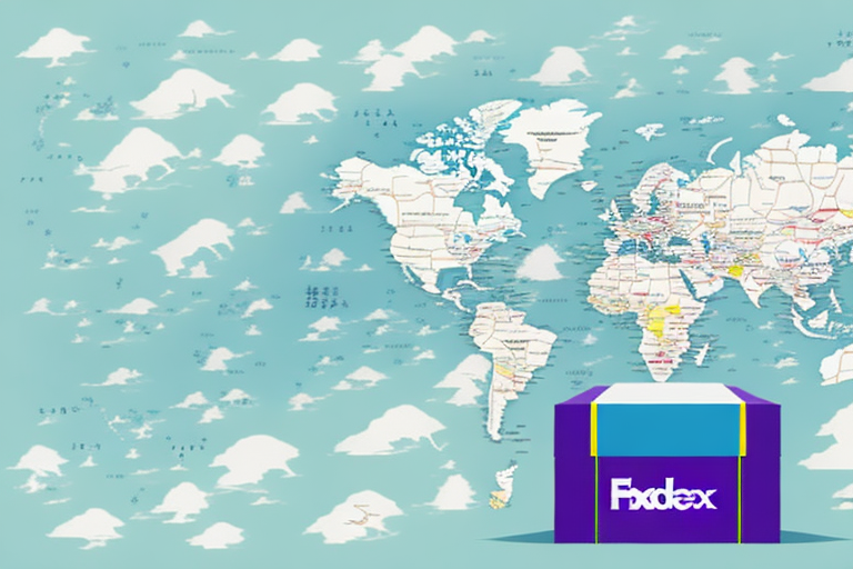 A FedEx box sits in front of an illustrated world map adorned with clouds. Highlighting Japan among various countries and continents, the maps blue oceans evoke global shipping themes, emphasizing efficient delivery and competitive shipping rates.