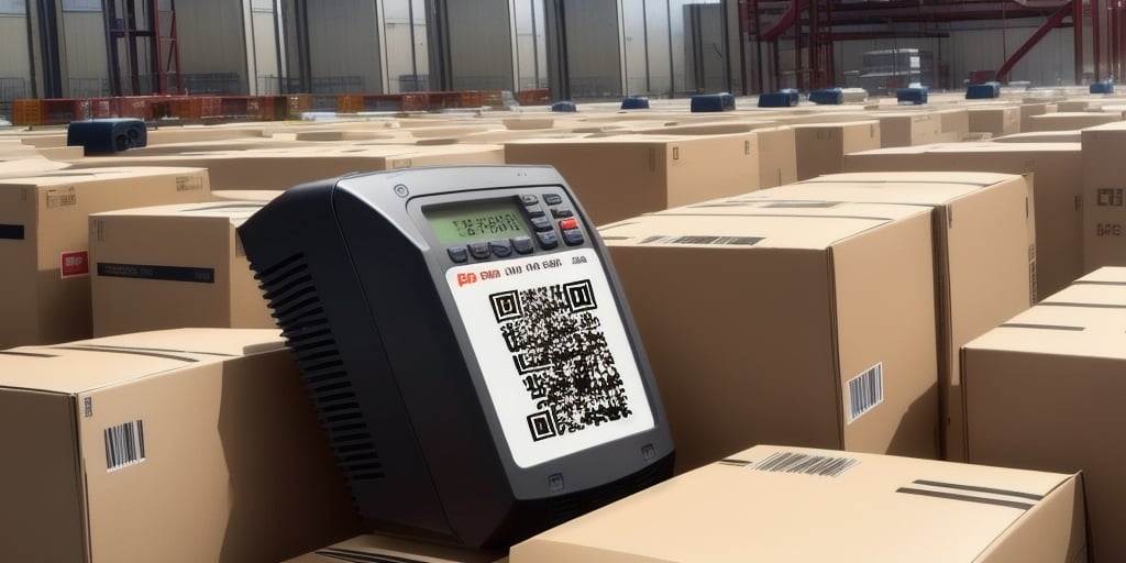 A warehouse filled with stacked cardboard boxes is shown. In the foreground, a digital device with a screen and QR code is placed on top of one of the boxes, essential for troubleshooting UPS Worldship issues. The background reveals shelves and industrial structures.