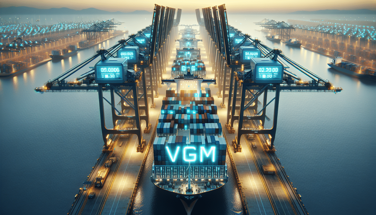 A futuristic shipping port at dusk showcases large cargo cranes with digital screens for container data. A ship, crucial for the Verified Gross Mass (VGM) protocol, is docked among vibrant containers, all bathed in soft ambient lighting.