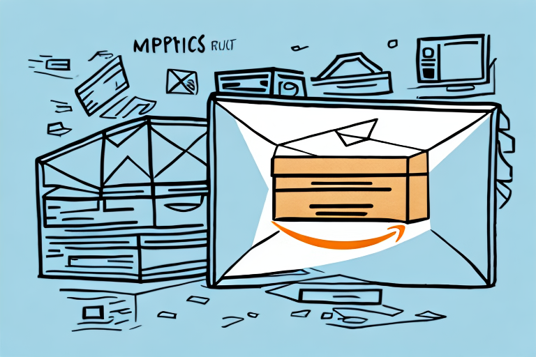 Illustration of a large envelope with a cardboard box inside, surrounded by various mail-related icons and symbols on a blue background, reflecting the Amazon Returns process.