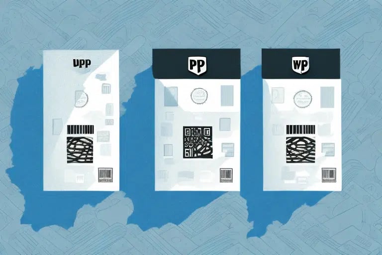 Three abstract product packages labeled UPP, PP, and WP are displayed against a blue backdrop. The packages feature barcodes and geometric patterns in dark shades, highlighting their uniqueness like the difference brought by UPS WorldShip in global logistics.