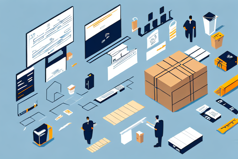 Illustration of people organizing shipping supplies, including boxes, labels, and packing materials, against a blue background. Two large screens display logistics data related to Understanding UPS Additional Handling Charges. Figures carry out packaging tasks, emphasizing an orderly distribution process.