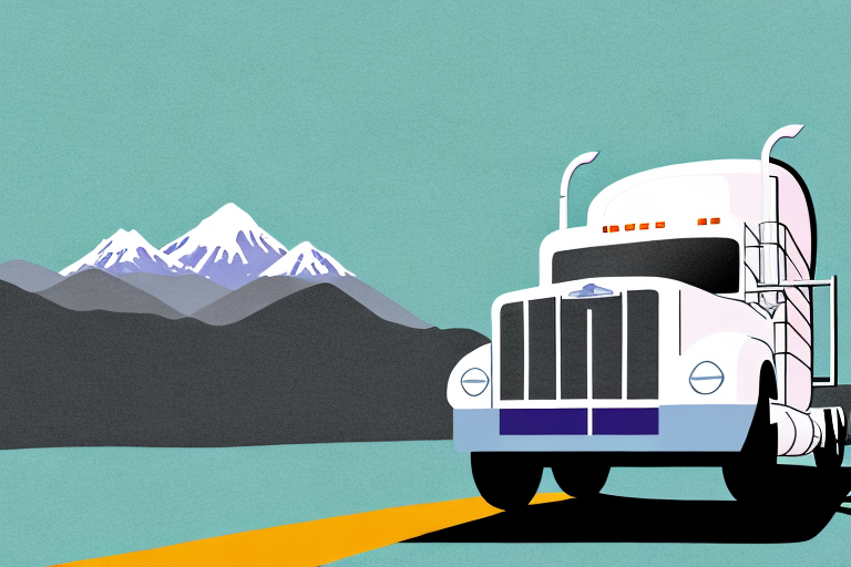 Illustration of a white semi-truck, resembling a FedEx Shipping vehicle, driving on a road with snow-capped mountains in the background against a turquoise sky.