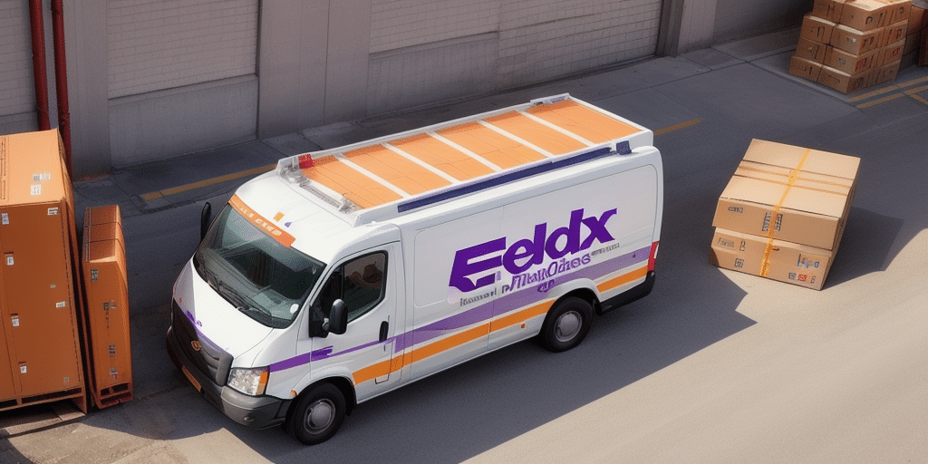 A delivery van with FedEx Ship Manager branding on its side is parked beside a warehouse. Cardboard boxes are stacked nearby, some on the pavement and others inside the facility. The scene suggests logistics and package delivery in an industrial area, where tracking numbers ensure efficient operations.