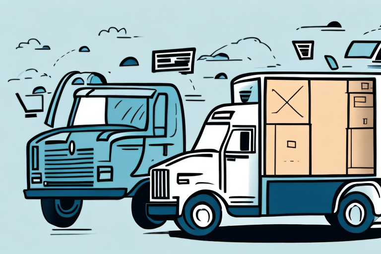Illustration of two delivery trucks driving amidst flying letters and packages, symbolizing postal or delivery services. The trucks, reminiscent of unlock benefits from a UPS My Choice membership, have boxes visible in the open back, set against a light blue background with cloud shapes.