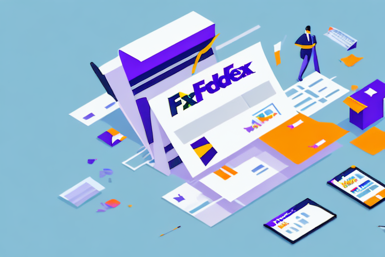 A vibrant FedEx themed design concept showcases buildings, a figure holding a package, and delivery items like envelopes and a tablet against a blue background, highlighting the efficiency of set up for third-party billing solutions.