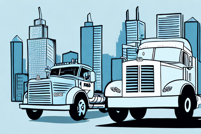Illustration of two large trucks, showcasing FedEx shipping, set against a city skyline with tall buildings. The scene is drawn in a stylized, monochromatic blue palette.