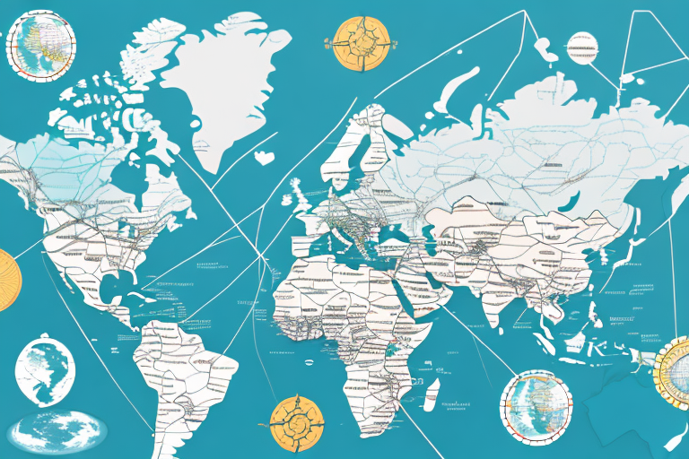 A stylized world map with numerous flight paths crisscrossing continents, set against a teal background. Various compass roses and globes are scattered across the image, accentuating the theme of global travel and exploration, highlighting routes to Ghana with FedEx International Shipping.
