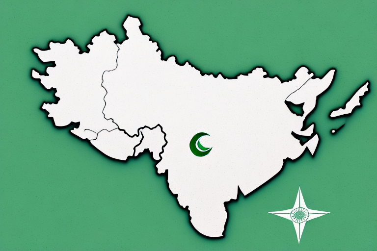 A map of a fictional place with a crescent symbol at the center is surrounded by a star-shaped compass. The green background highlights several irregularly shaped regions, evoking the diverse landscapes found in Pakistan, inviting exploration and understanding of its rich tapestry.