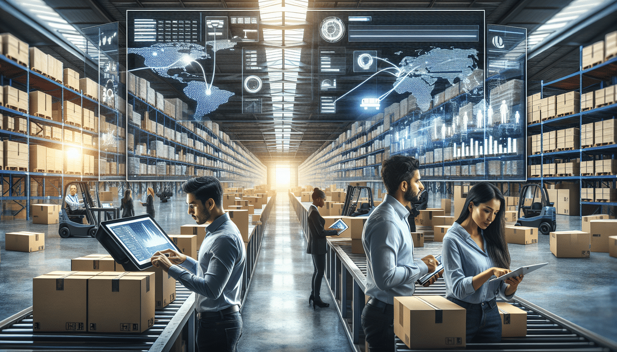 A futuristic warehouse with rows of shelves stacked with boxes. Workers use digital tablets and monitors, seamlessly managing the challenges of outsourcing inventory management. Holographic displays show global maps and data charts, highlighting advanced logistics and technology benefits.