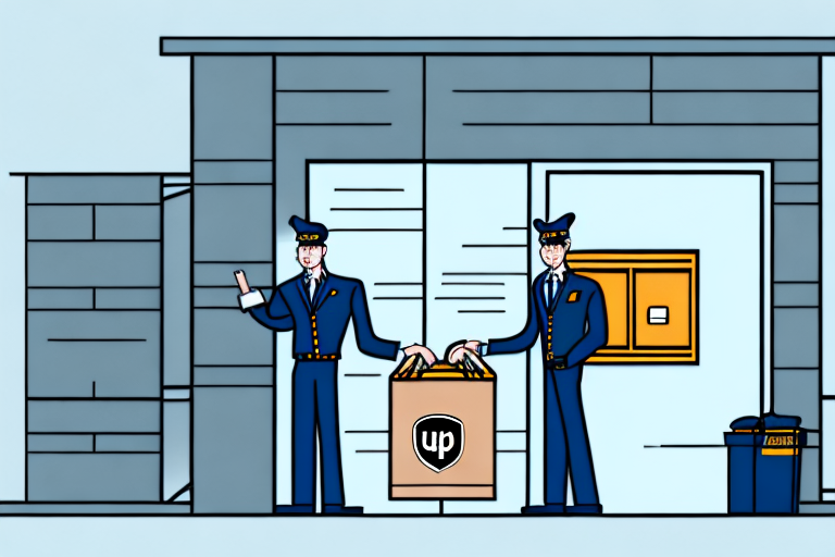 Two uniformed delivery personnel stand outside a modern building. One holds a package with a UP logo, while the other checks a digital device, ensuring everything aligns for an upcoming UPS audit. A delivery bin is nearby, hinting at what to expect in this secure package drop-off process.