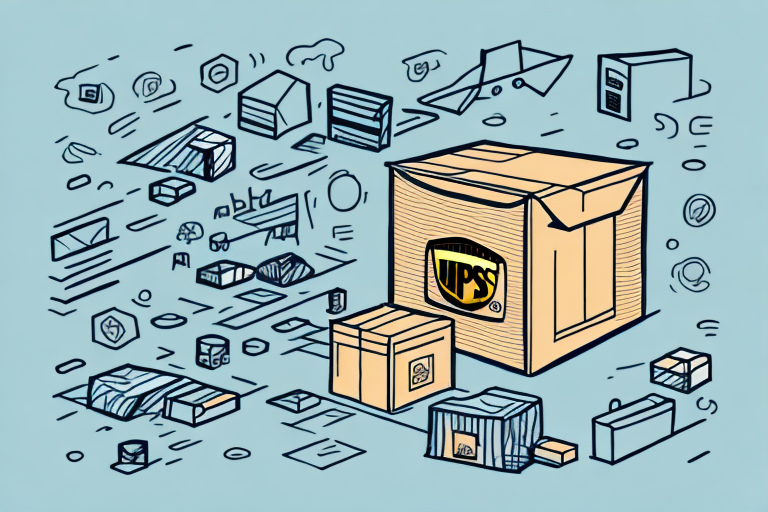 Illustration of a large brown package with a UPS logo, representing the efficient UPS delivery service. Its surrounded by smaller boxes, envelopes, and shipping icons on a light blue background, conveying a sense of movement and delivery.