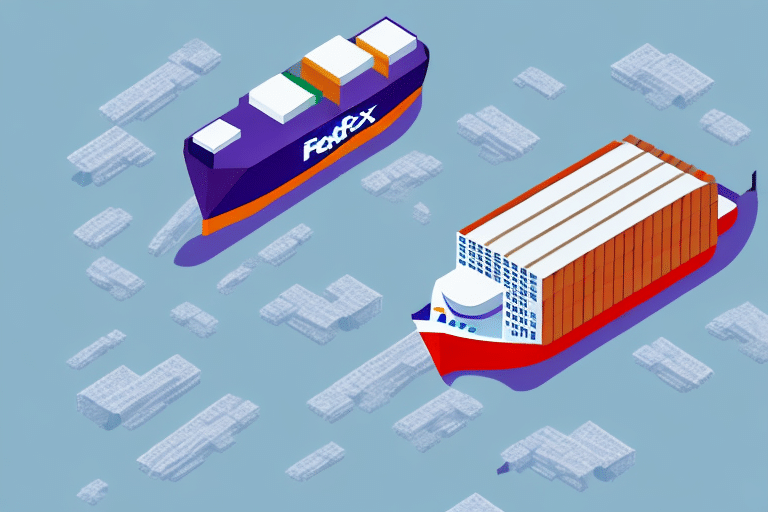 Illustration of two large cargo ships at sea, surrounded by smaller vessels. One ship, managed through FedEx Ship Manager, displays FedEx and carries white and green containers. The other ship, in red and black, holds stacked orange containers.