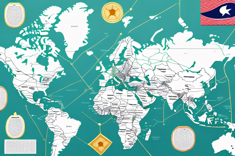 A stylized world map on a teal background showcases white landmasses outlined in black. Lines connect different areas, hinting at routes like Pakistan to USA, alongside symbols and a tricolor flag with a star in the upper right corner, offering an understanding of global UPS shipping rates.