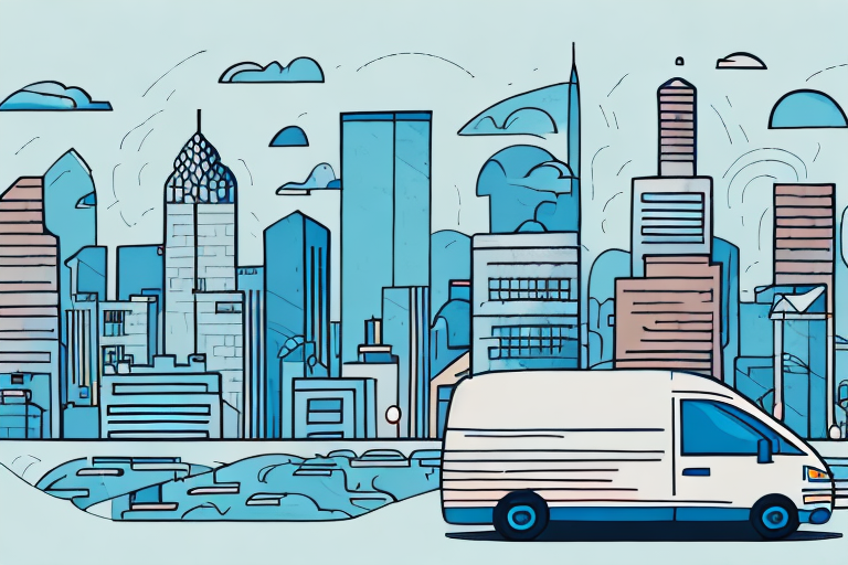 Illustration of a white delivery van symbolizing on-demand delivery, driving in front of a stylized city skyline with skyscrapers and clouds in the background. The scene, depicted in blue and white tones, highlights modern architectural elements alongside the benefits of efficient delivery services.