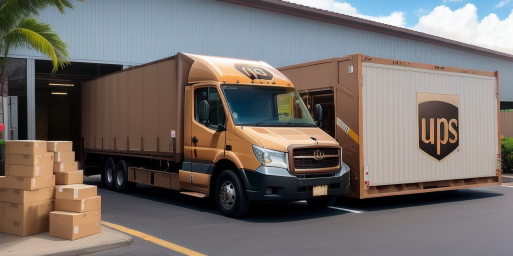 A UPS delivery truck is parked outside a large warehouse in Hawaii. Several brown packages are stacked nearby, with a shipping container displaying the UPS logo in the background. A palm tree to the left enhances the tropical setting, reminding one of favorable UPS shipping rates in warm climates.