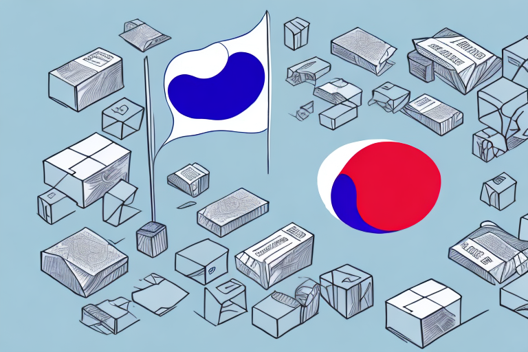 An abstract illustration featuring a blue and white flag with a heart-like shape, a red and white circle, and numerous geometric shapes resembling buildings on a light blue background subtly hints at the dynamic nature of shipping to South Korea.