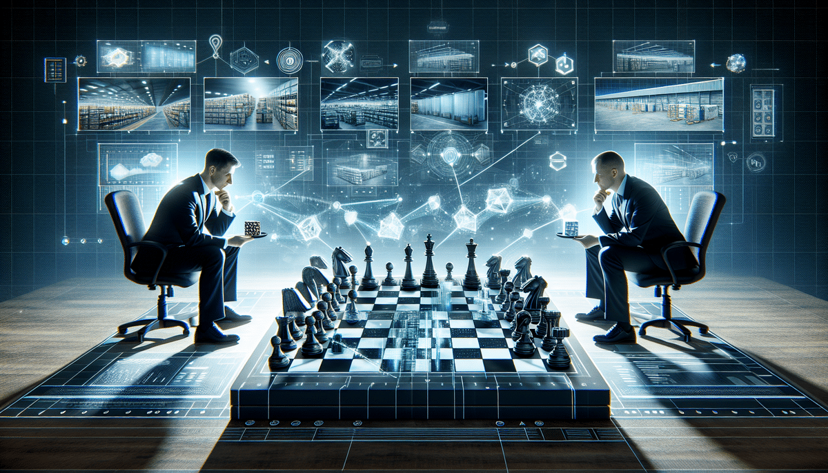 Two people sit in futuristic chairs on opposite sides of a high-tech, holographic chessboard. Digital screens display data visuals akin to a Blue Yonder WMS system, enhancing the sci-fi ambiance of their cerebral duel.