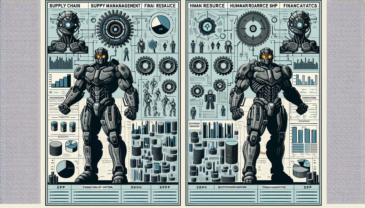 Two futuristic robot figures stand against a backdrop of charts and graphs. The detailed diagrams and text focus on supply chain, management, finance, and resource allocation, featuring gears, bar charts, and infographics that highlight Epicor ERP systems.