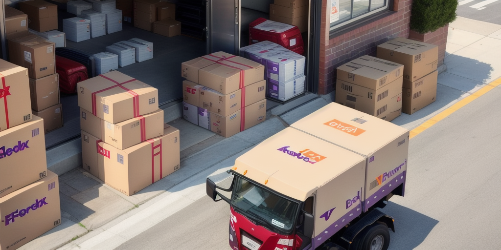 A FedEx delivery truck is parked by an open warehouse overflowing with packages, some marked with brand names. Amid the sunny scene, there seems to be a delivery exception, with boxes scattered both inside and outside the bustling warehouse.