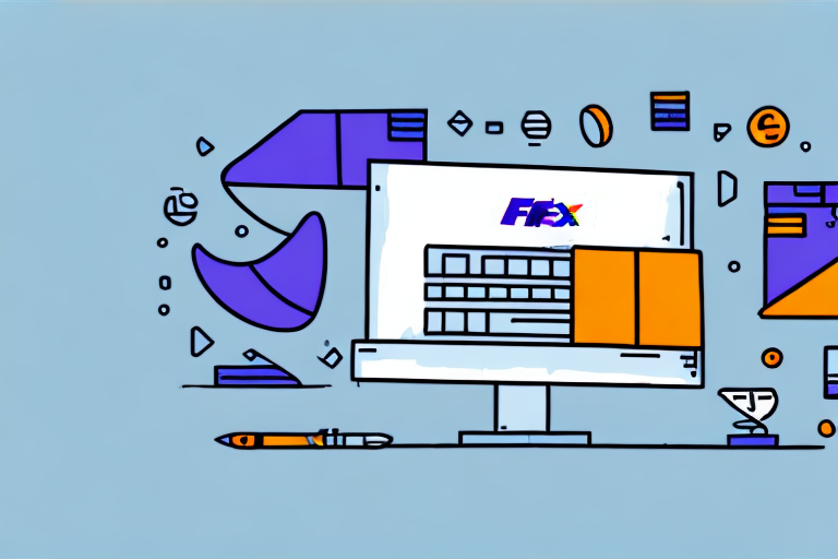 Illustration of a computer monitor displaying charts and graphs with the word FIX on the screen. Surrounded by abstract shapes, a trophy, and a pencil on a blue background, it embodies a tech and data analysis theme akin to Ship Manager Software for seamless FedEx downloads.