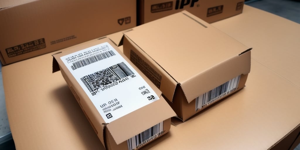 Cardboard boxes with shipping labels, barcodes, and QR codes are stacked on a table. The scene suggests packaging and shipping processes with clear and organized labeling for distribution or delivery, featuring UPS Label Reprint for seamless Worldship integration.