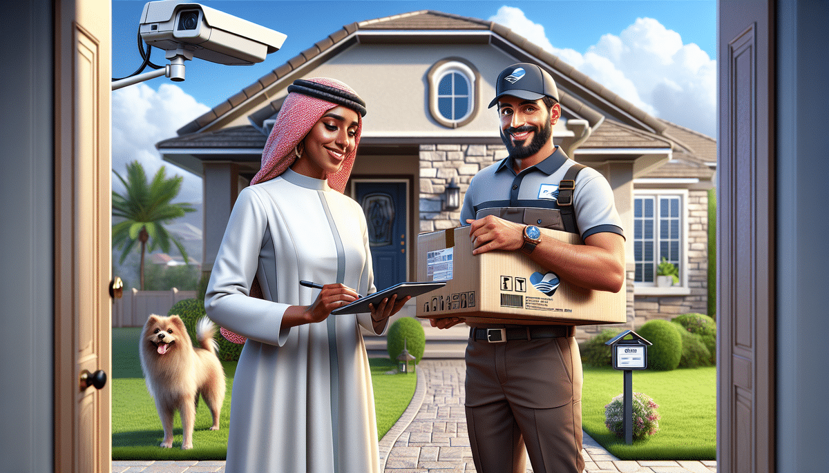 A delivery person hands a package to someone signing a Delivery Signature Required document in front of a sunny house. A security camera watches over as a cheerful dog frolics in the yard, basking in the bright, warm day.