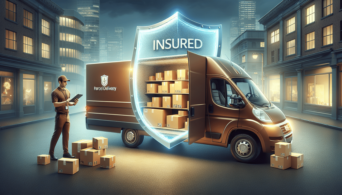 A delivery van labeled Parcel Delivery is parked on a street at night, surrounded by boxes. A holographic shield with the words UPS Shipping Insurance appears around the van as a delivery person checks a digital tablet. Illuminated buildings stand in the background, ensuring peace of mind for all shipments.