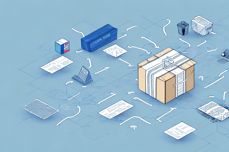 An illustration of a cardboard box on a light blue background is surrounded by various assembly instructions, arrows, a laptop displaying FedEx Tracking details, and tools. The scene suggests assembling a product from the contents of the box while managing potential tracking exceptions.