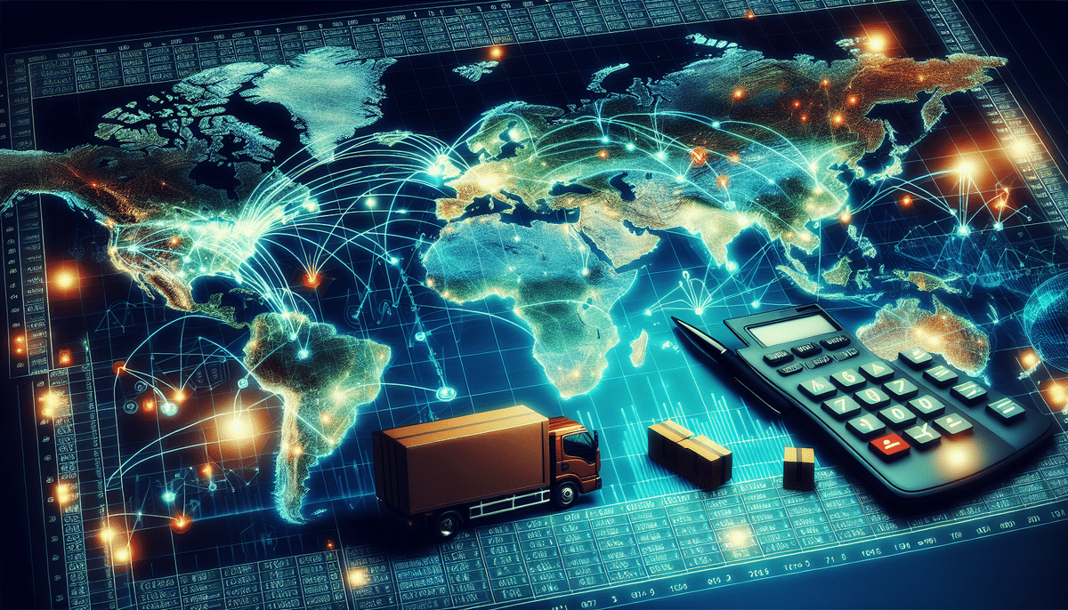 An illuminated world map with glowing lines and charts showcases global connections. A shipping container, parcels, and a calculator rest on top, symbolizing international trade and logistics, highlighting the impact of UPS Zone Adjustment in efficient global distribution.