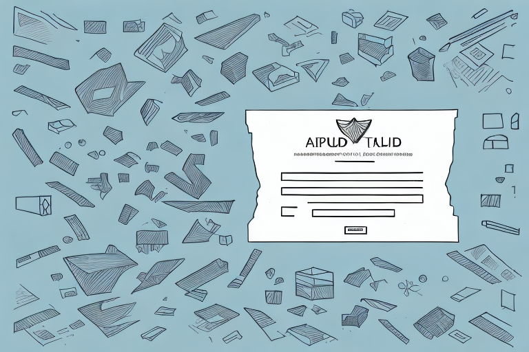 An abstract image features a central document labeled AIPLUD TALID, surrounded by floating geometric shapes against a blue background, echoing the complexity of an UPS delivery policy. The scene suggests a sense of organized chaos, much like ensuring UPS Adult Signature Required compliance.
