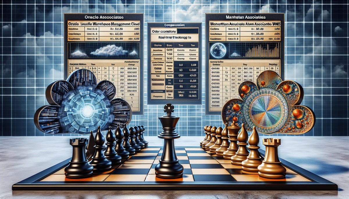 A futuristic chess setup with digital elements features black and white pieces on a board, cloud-shaped structures, and screens displaying data analysis charts. The scene suggests a high-tech environment akin to what you might find in an Oracle Warehouse Management Cloud interface.
