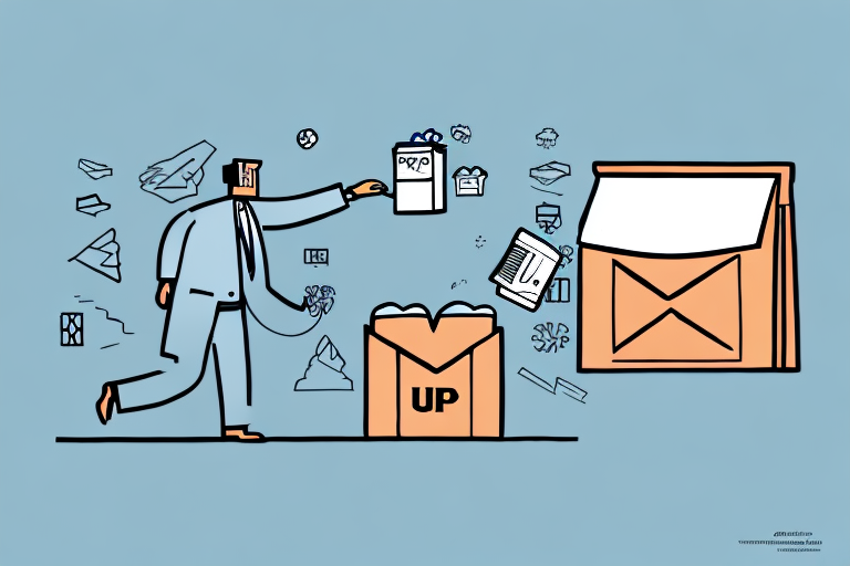 Illustration of a person placing a document labeled PDF into an envelope with UP written on it. Surrounding icons include letters and email symbols, set against a light blue background, hinting at how to use UPS Mail Innovations for convenient drop-off packages.