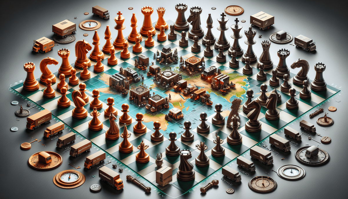 A complex 3D chessboard features oversized chess pieces, vehicles, and clocks. The center showcases a miniature cityscape amidst roads and terrain, blending elements of chess, time, and transportation with the precision of an intricate UPS delivery network in a harmonious, artistic composition.